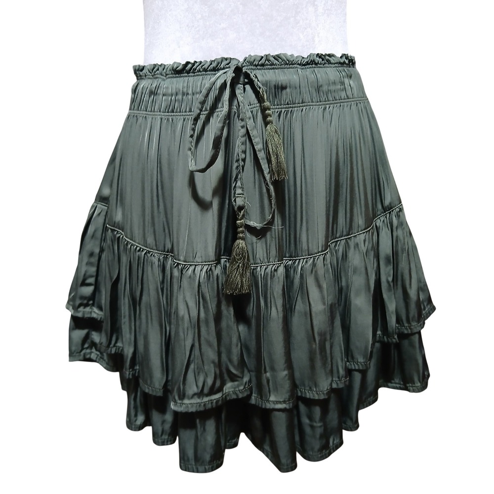 Aerie Olive Green Tiered Mini Skirt Satin Viscose Boho Tassel Smocked Waist L